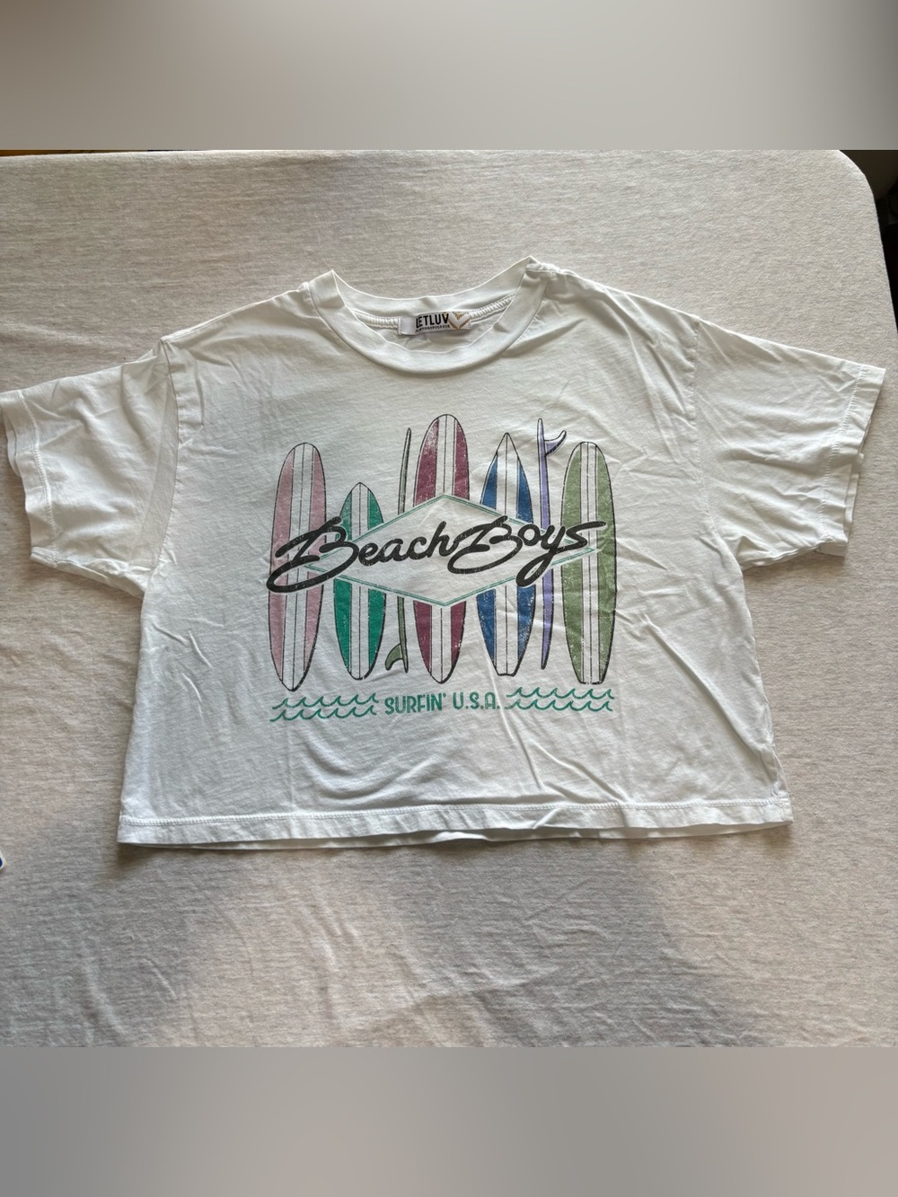 LetLuv x Anthropologie Beach Boys Surf Graphic Cropped Oversized Tee XS